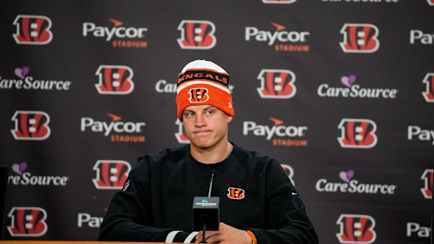 Cincinnati Bengals quarterback Joe Burrow speaks to the media about his season-ending wrist injury at Paycor Stadium Friday, November 17, 2023.